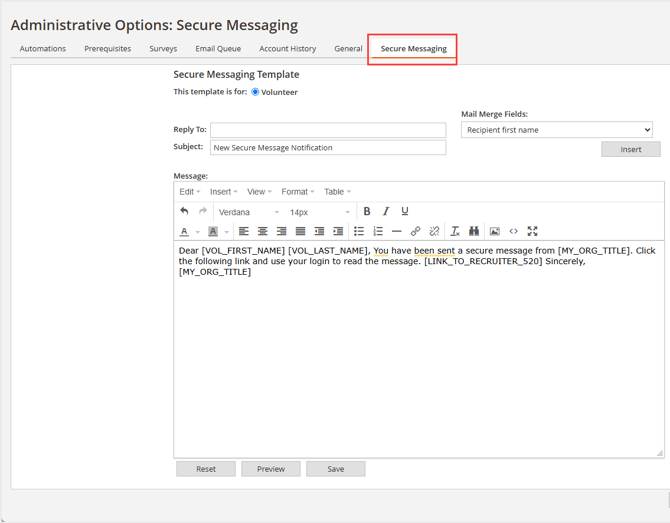 Admin Options Secure Message