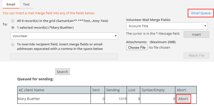 Email queue abort action