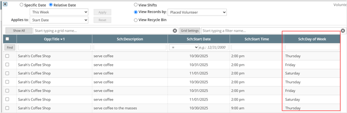Opp with day showing