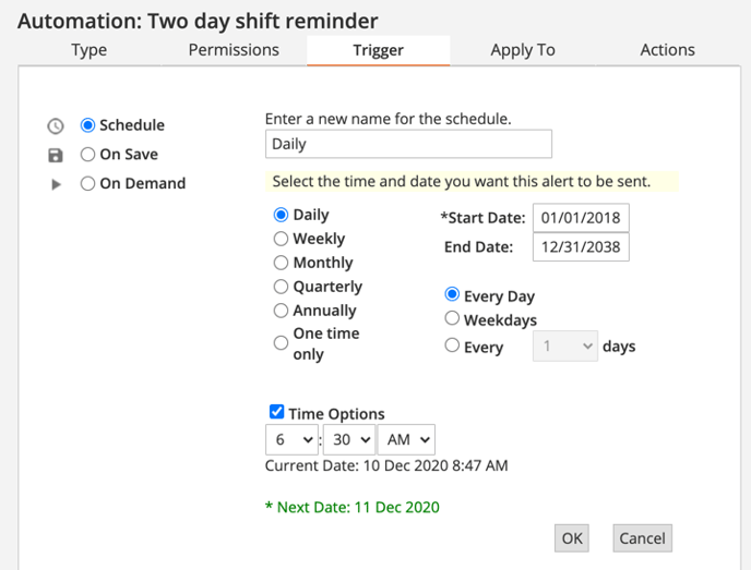Two day shift reminder